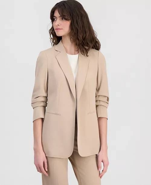 Anne Klein Stretch Crepe Scrunch‑Sleeve Open‑Front Blazer Latte S NWT $139