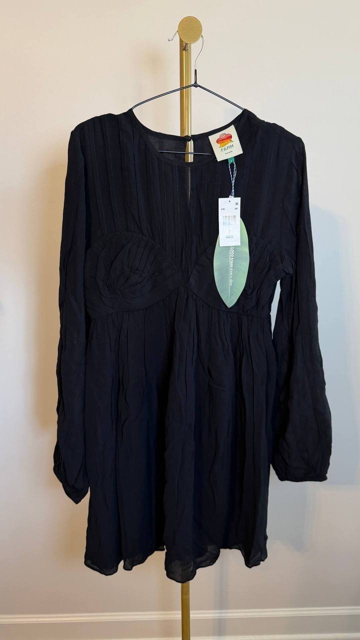 FARM Rio Pleated Mini Dress Black Long Sleeve Semi Sheer Size S NWT $280