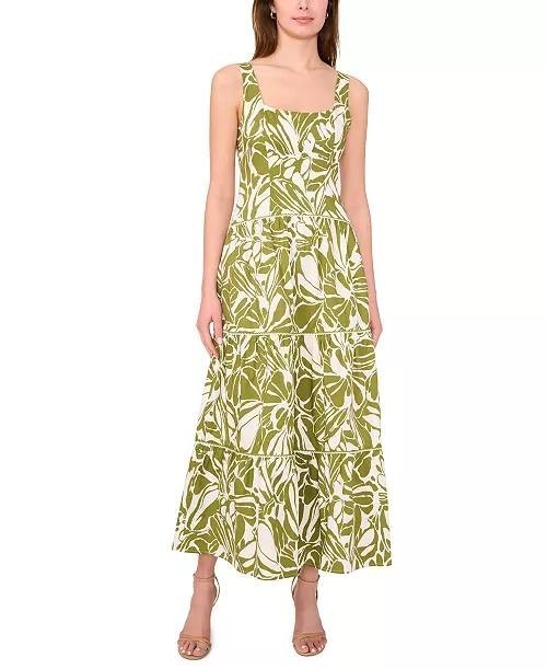 CeCe Dress L Wild Sage Cotton Blend Sleeveless Printed Maxi Casual Boho NWT