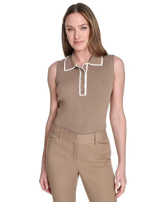 Tommy Hilfiger Contrast‑Tipped Sleeveless Polo Top Brown L $59 NWT
