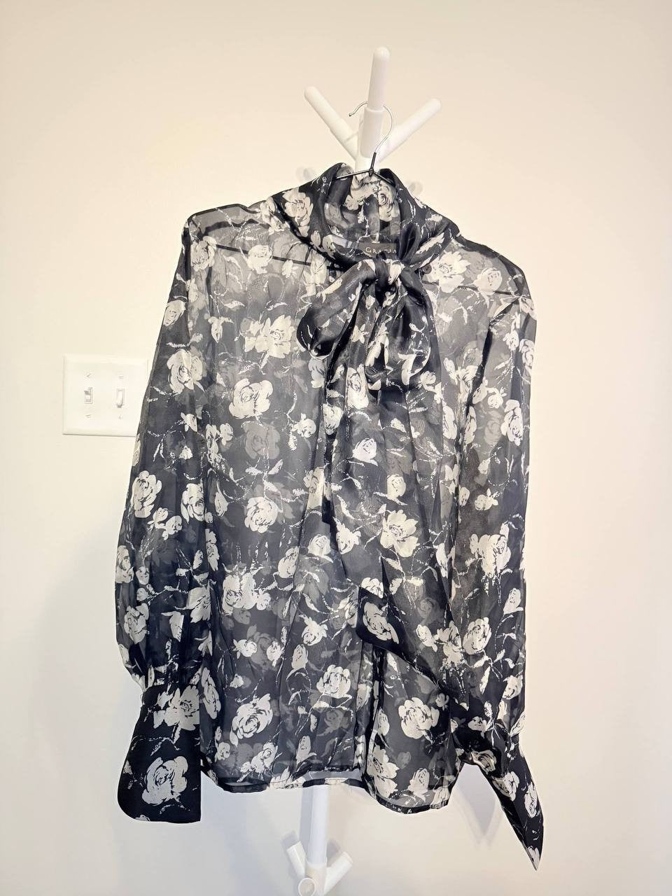 Gratia Sheer Floral Bow-Tie Blouse – Size S – NWT