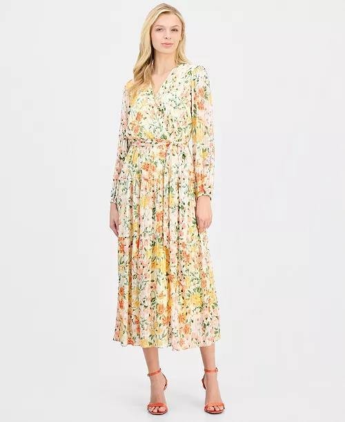 Signature by Robbie Bee Pleated Tiered Midi Dress Yellow Coral 8 NWT $79
