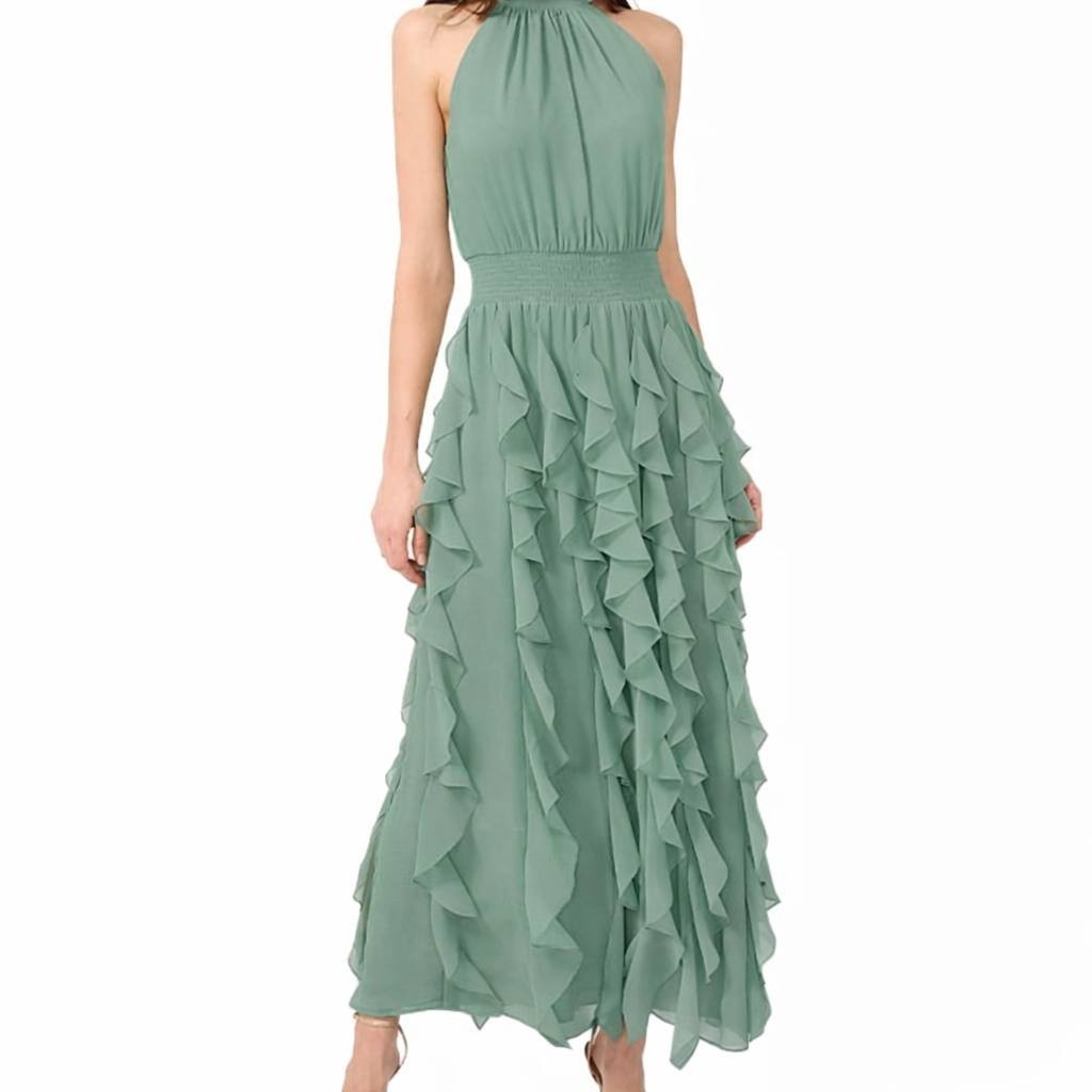 1.STATE Dark Forest Halter Neck Ruffle Maxi Dress Size S NWT Damaged Fabric