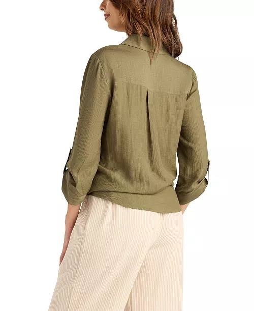BCX Texture Gauze Collared Button‑Front Top Olive L NWT $39