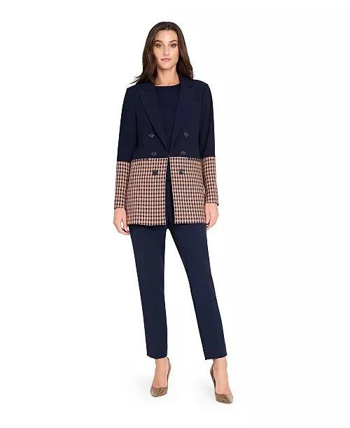 Tahari ASL Women’s Petite Houndstooth Color Block Jacket Navy 24W $159 NWOT