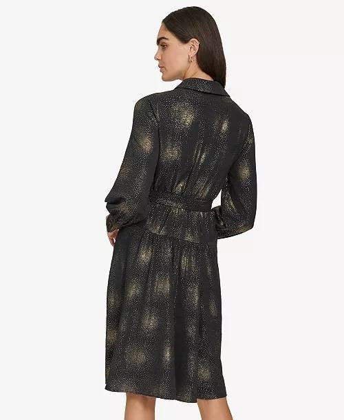 🖤 Calvin Klein Collared Self-Tie Belt A-Line Dress Black Size 8 -- Elegant Chic