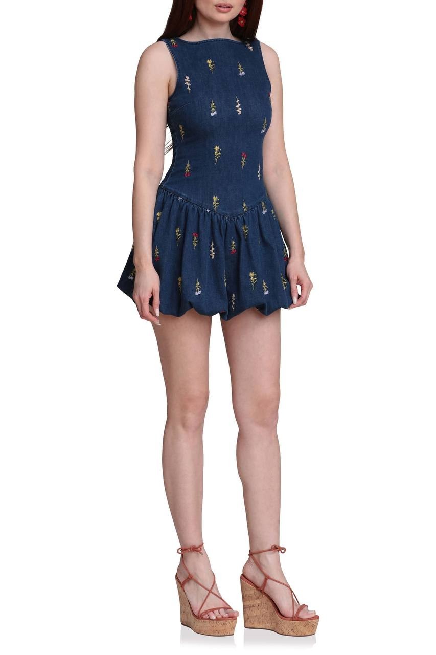 Avec Les Filles Embroidered Bubble Hem Denim Dress Monarch Botanical 8 NWT $138