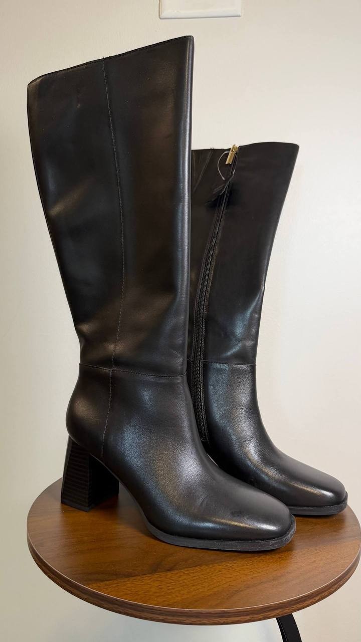 INC Elani Boots 9M Black Beauty Leather Knee‑High Square Toe NIB msrp$189.90