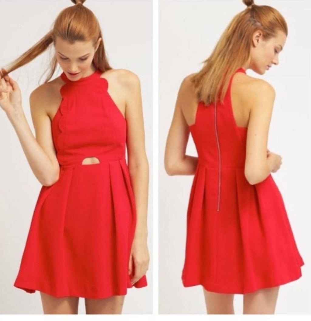 BCBGeneration Dress 8 Red Scallop Halter Cutout Flared Skirt Party Used Good