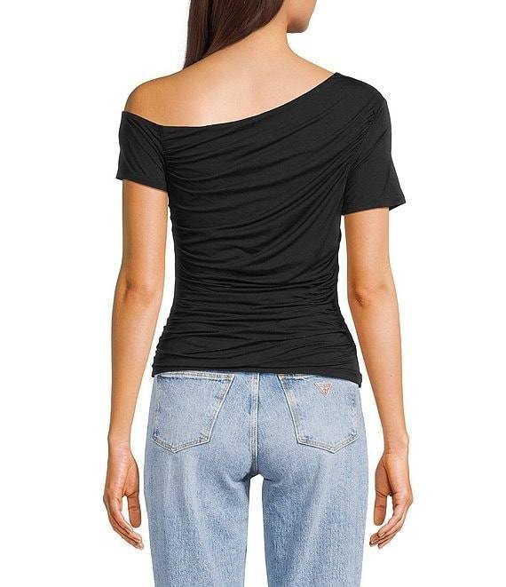 Guess Solid Asymmetrical Neckline Short Sleeve Shirred Top Black L NWT $59