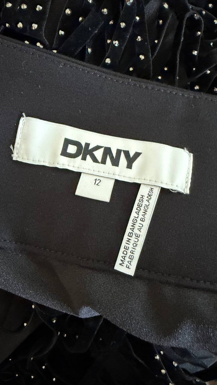 DKNY Black Stud Fringe Miniskirt Size 12 NWOT Broken Zipper Stylish Night Out