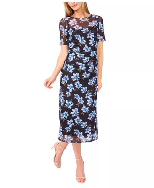 CeCe Short‑Sleeve Ruched‑Side Mesh Crew‑Neck Midi Dress – Size M – NWT – $59