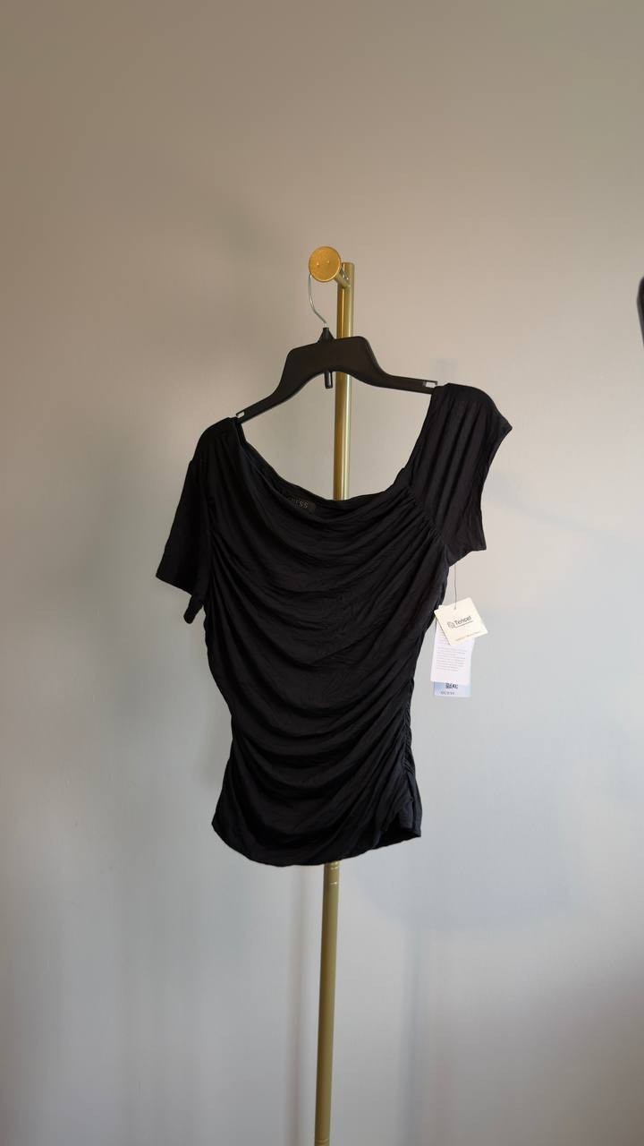 Guess Solid Asymmetrical Neckline Short Sleeve Shirred Top Black L NWT $59