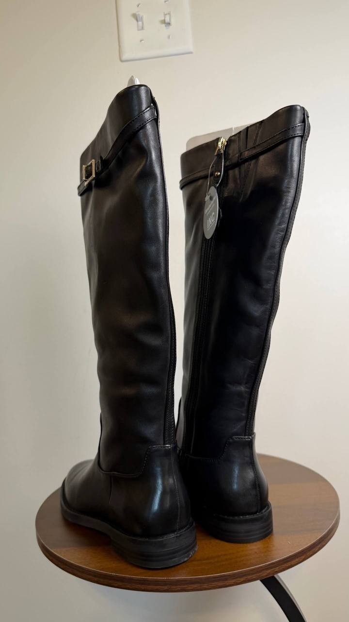 INC Britta Boots 6.5M Black Beauty Leather Knee Riding Flat Zip NIB msrp$189