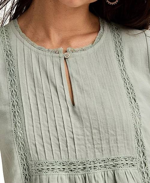 Lucky Brand Top L Surf Green Cotton Pleated Split Neck Flutter Sleeve Peasant NW