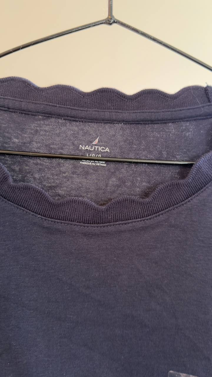 Nautica Scallop‑Trim Cotton Short‑Sleeve T‑Shirt Navy L NWT $39.50