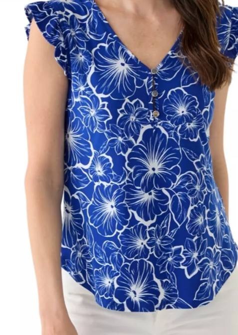AK Anne Klein Blue Floral Blouse Short Sleeve V-Neck Ruffled Cap Size L