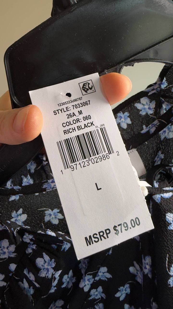 CeCe Floral Split‑Neck Elbow‑Sleeve Blouse Reach Black L NWT $79