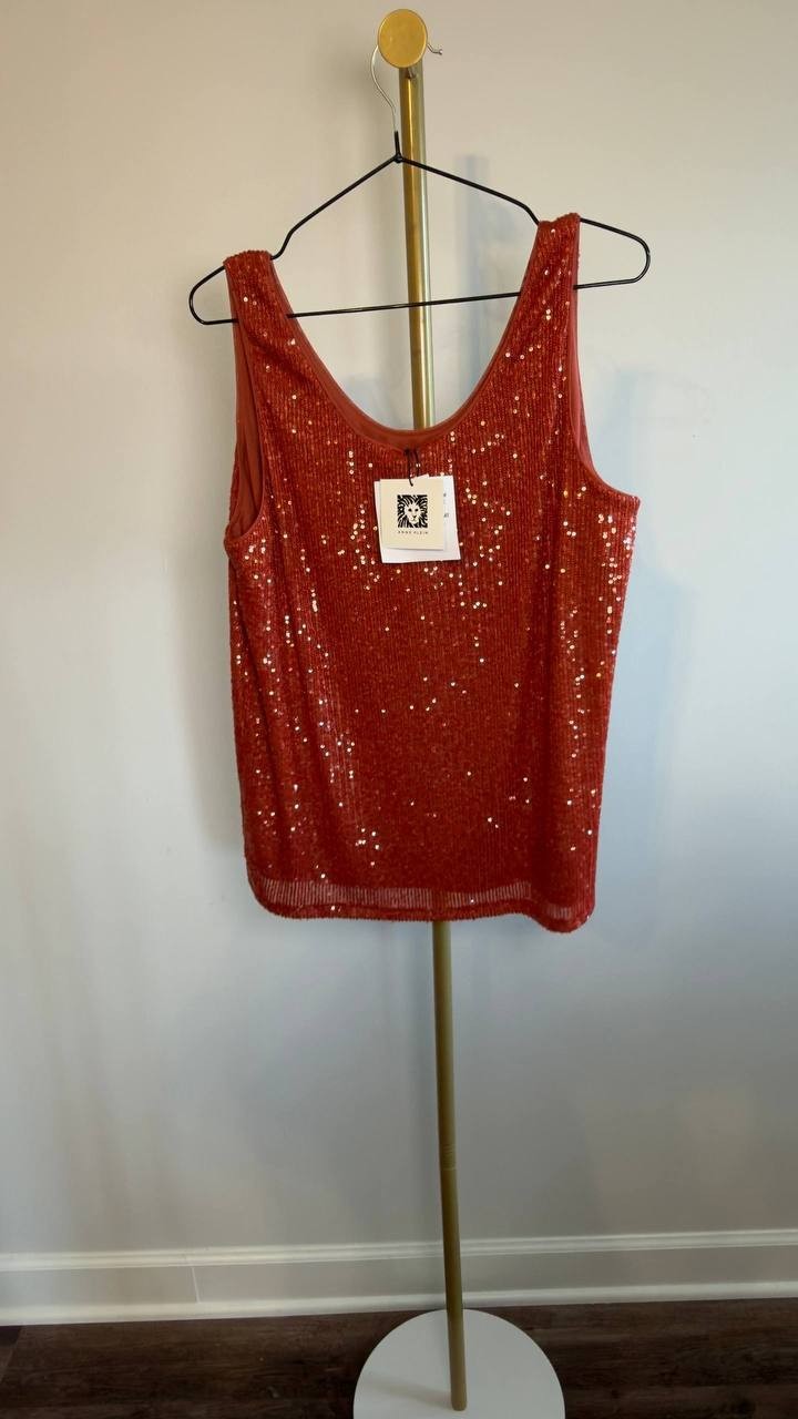 Anne Klein Sequin Double‑Scoop Sleeveless Tank Red L NWT $69