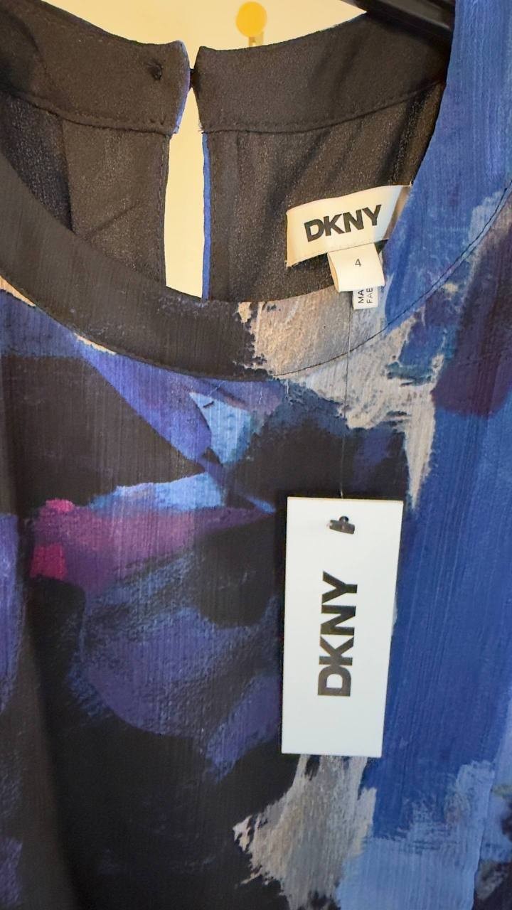 DKNY Printed Blouson Asymmetric‑Hem Dress Blue Brush Stroke 4 NWT $129