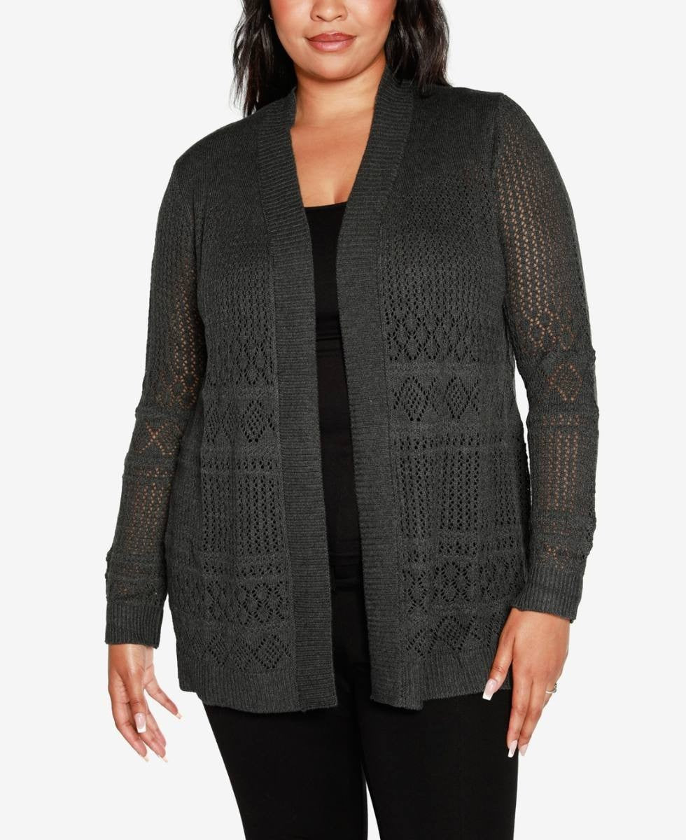 Belldini Pointelle Long Sleeve Open Cardigan Sweater Heather Charcoal XL NWT $64