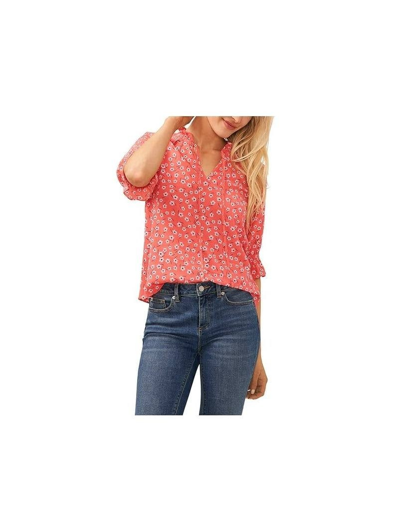 CeCe Womens 3/4 Sleeve Tie Neck Floral Print Blouse Calypso Coral Size S NWT