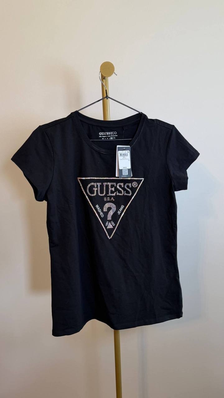 Guess Eco Embellished Logo T-Shirt Black Stretch Tee Size XL NWT $39 need wash