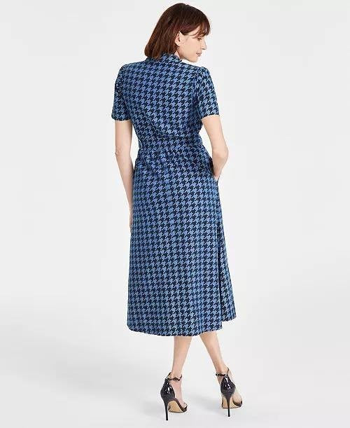Anne Klein Cotton Midi Dress L Blue Houndstooth Camp Pocket Belted Fit NWT