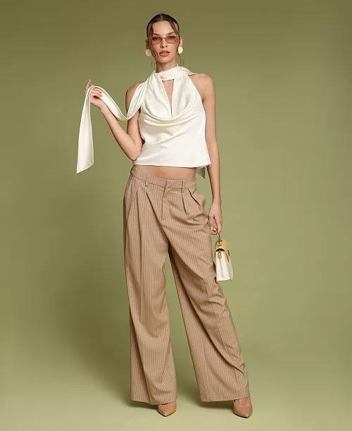 Avec Les Filles Women’s Long‑Tie Halter Top Ivory S NWT $88
