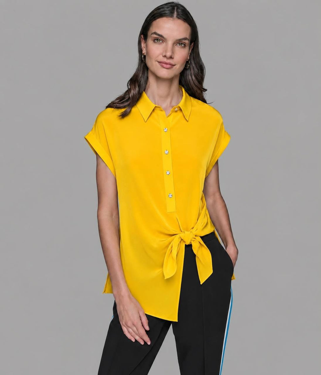 Karl Lagerfeld Paris Asymmetric Button-Front Top Yellow M NWT $99