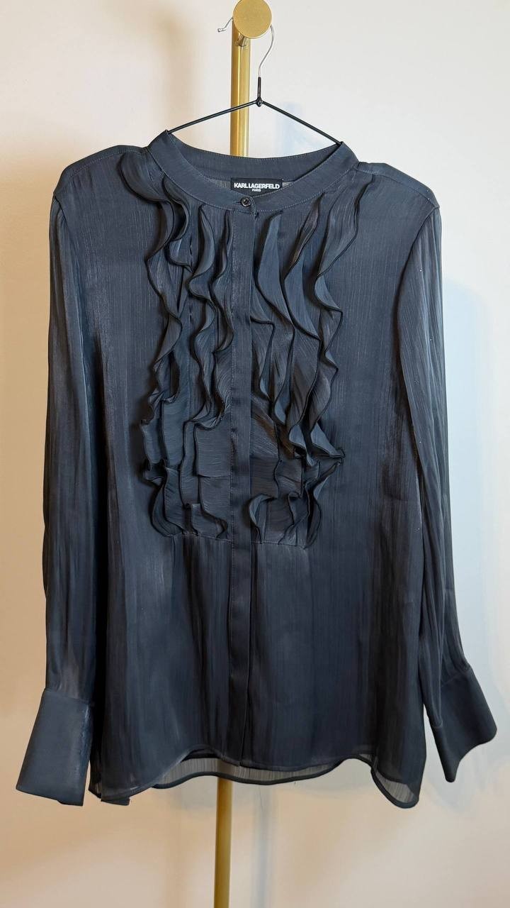 Karl Lagerfeld Paris Women’s Ruffled‑Front Organza Blouse Black Size L NWT $109