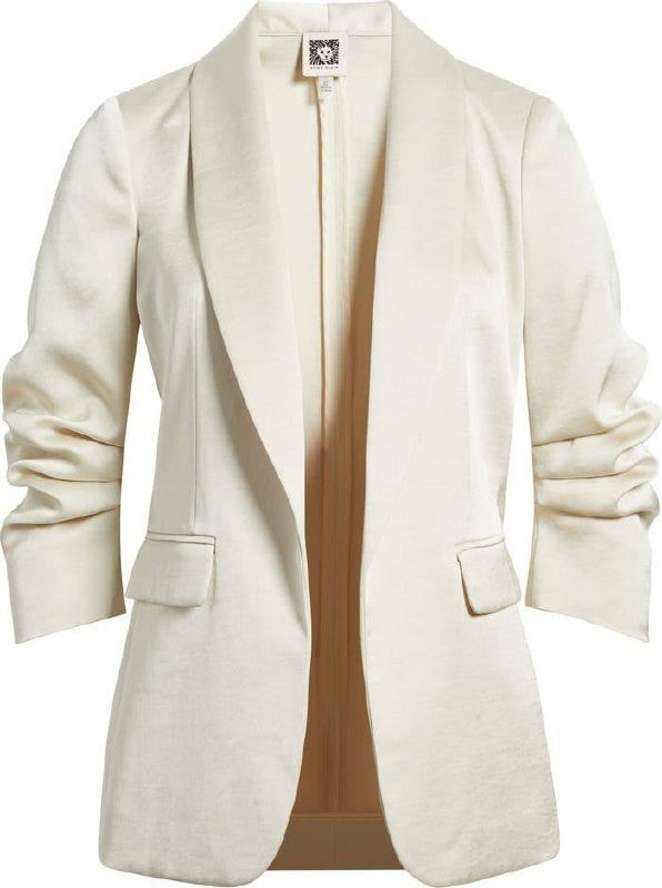 Anne Klein Ruched‑Sleeve Satin Blazer – Light Parchment – Size XL – NWT – $159