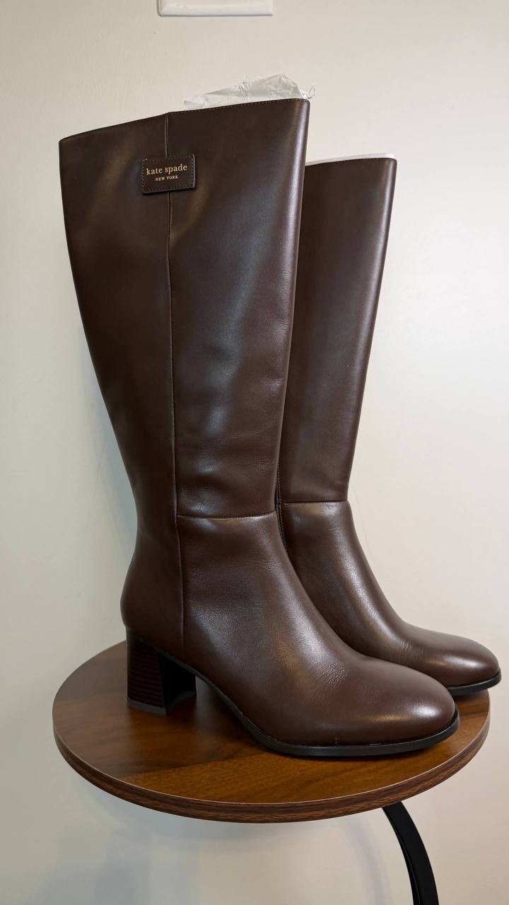Kate Spade Aimee Boots 8.5B Hot Fudge Leather Tall Almond Toe NIB msrp$348