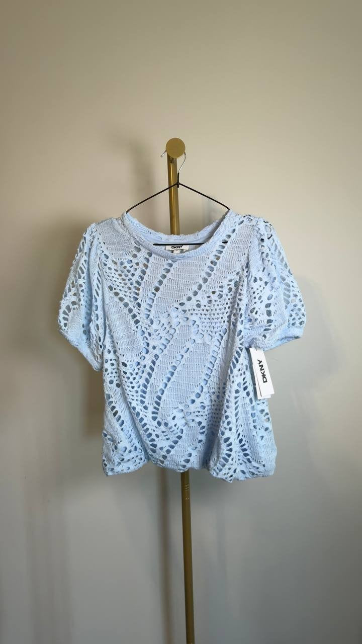 DKNY Leaf Crochet Short‑Sleeve Cotton Top Blue M NWT $99
