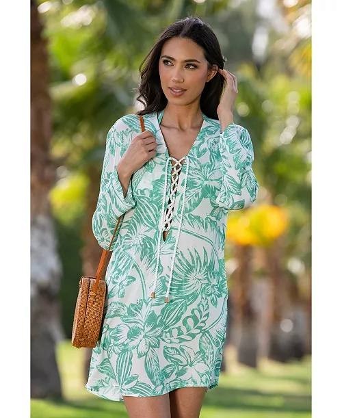 La Blanca Batiki Lace‑Front Tunic Cover‑Up Dress Eucalyptus S NWT $113