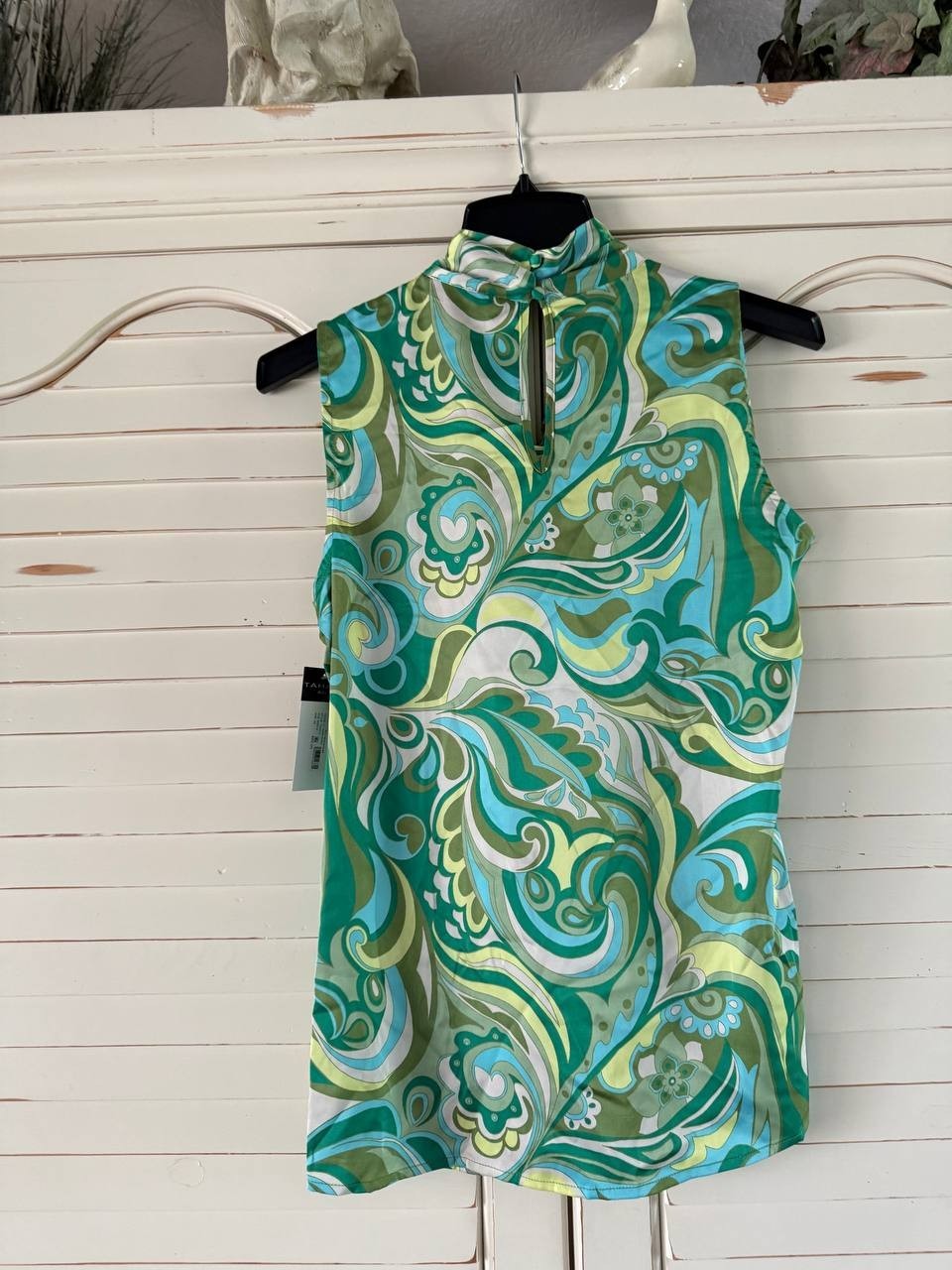 Tahari ASL Women's Bow Front Blouse XS Green Print Sleeveless Career Top NWT