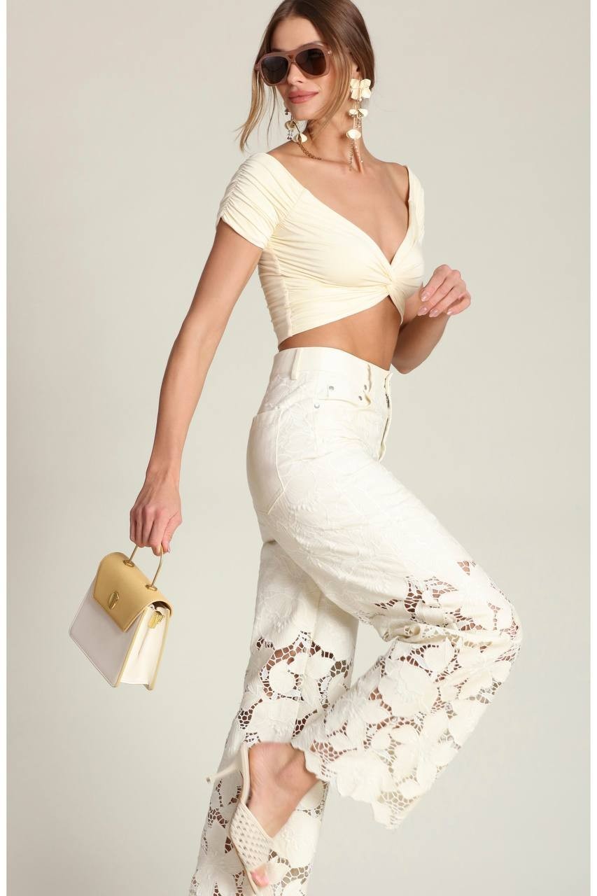 Avec Les Filles High Waist Embroidered Lace Cotton Pants Off White 27 NWT $158