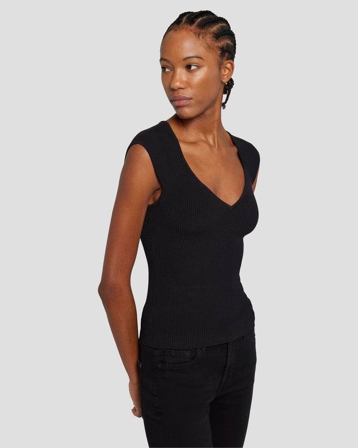 7 For All Mankind Sweetheart Rib Top M Black Fitted Knit Tee NWT MSRP $69