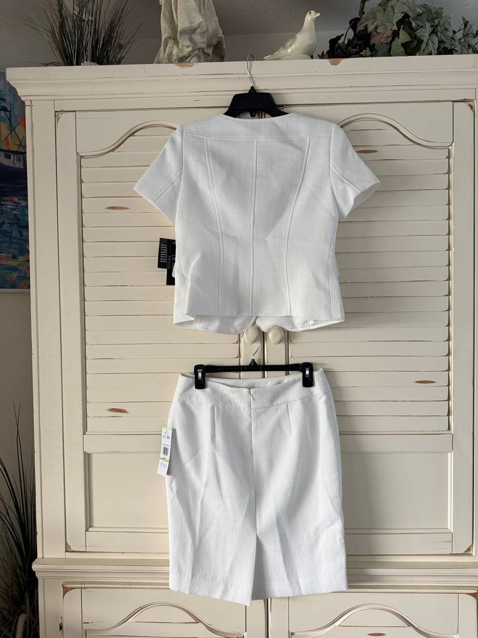 Le Suit Skirt Set 4P Natural White Tweed Square Neck Button Jacket Slim NWT $265