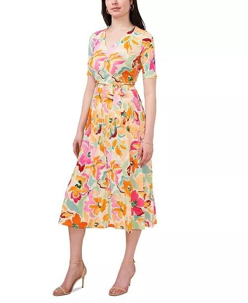 MSK Floral Print Tie Waist V‑Neck Midi Dress Multicolor XL $69 NWTMSK Floral