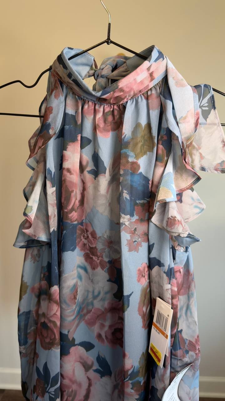 Seni & Cade Printed Mock-Neck Trapeze Dress Blue Multi S NWT $69