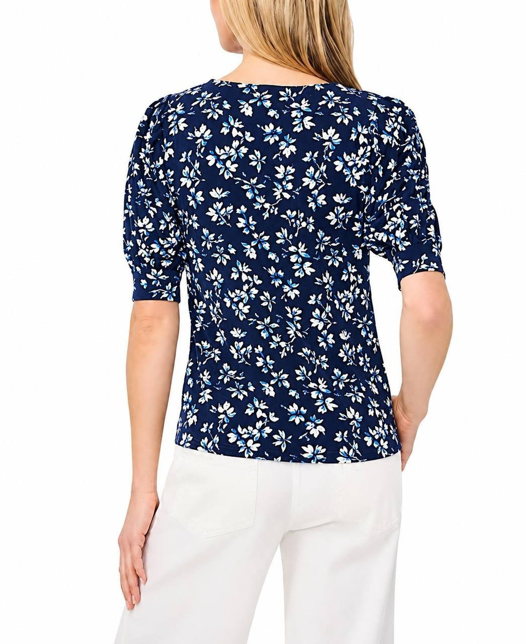 CeCe Scoop‑Neck Printed Elbow‑Sleeve Top L Classic Navy NWT $49