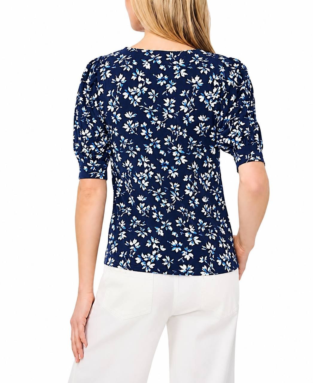 CeCe Scoop‑Neck Printed Elbow‑Sleeve Top L Classic Navy NWT $49