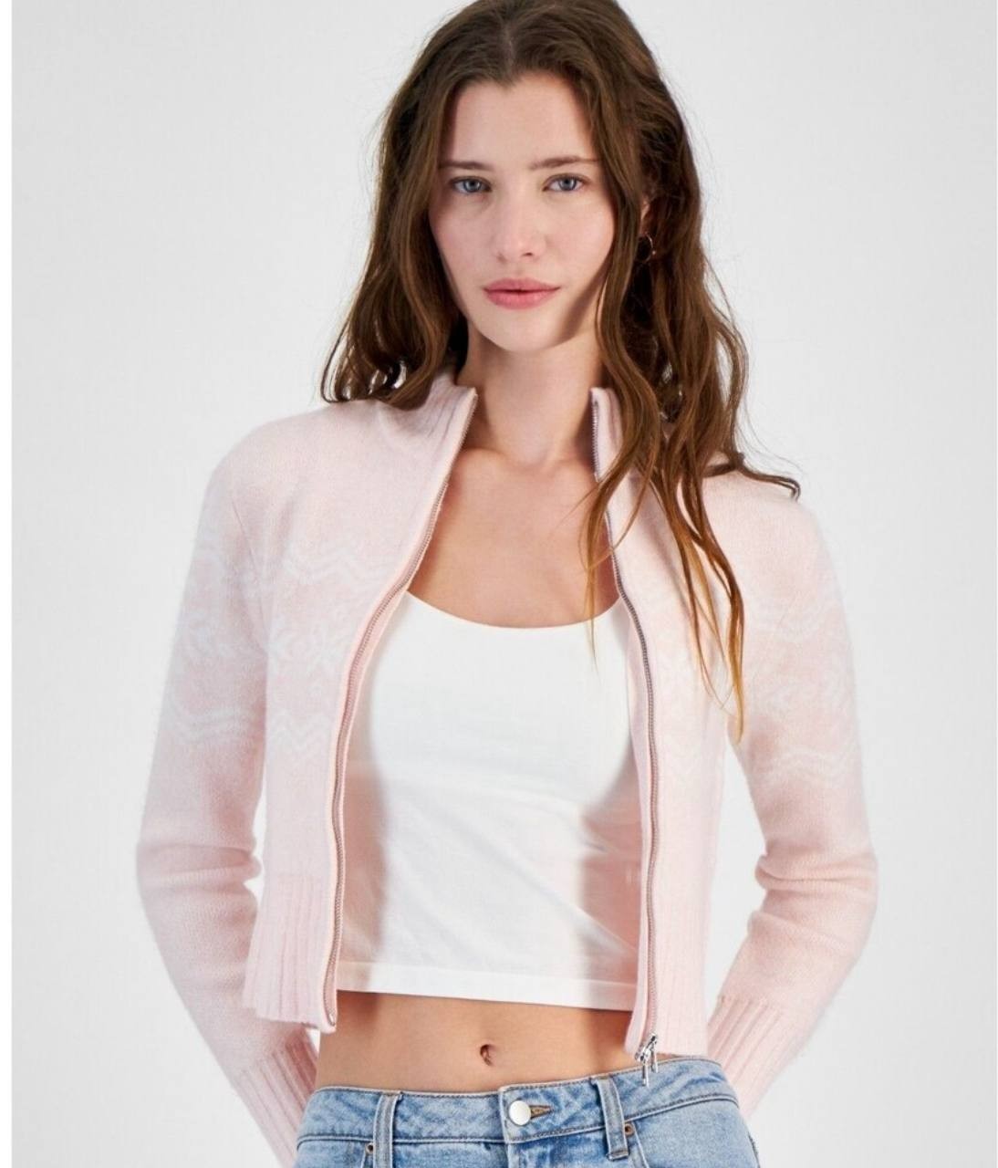 Planet Heart Cropped Zip Sweater Brown Pink Juniors M Knit Pullover NWT