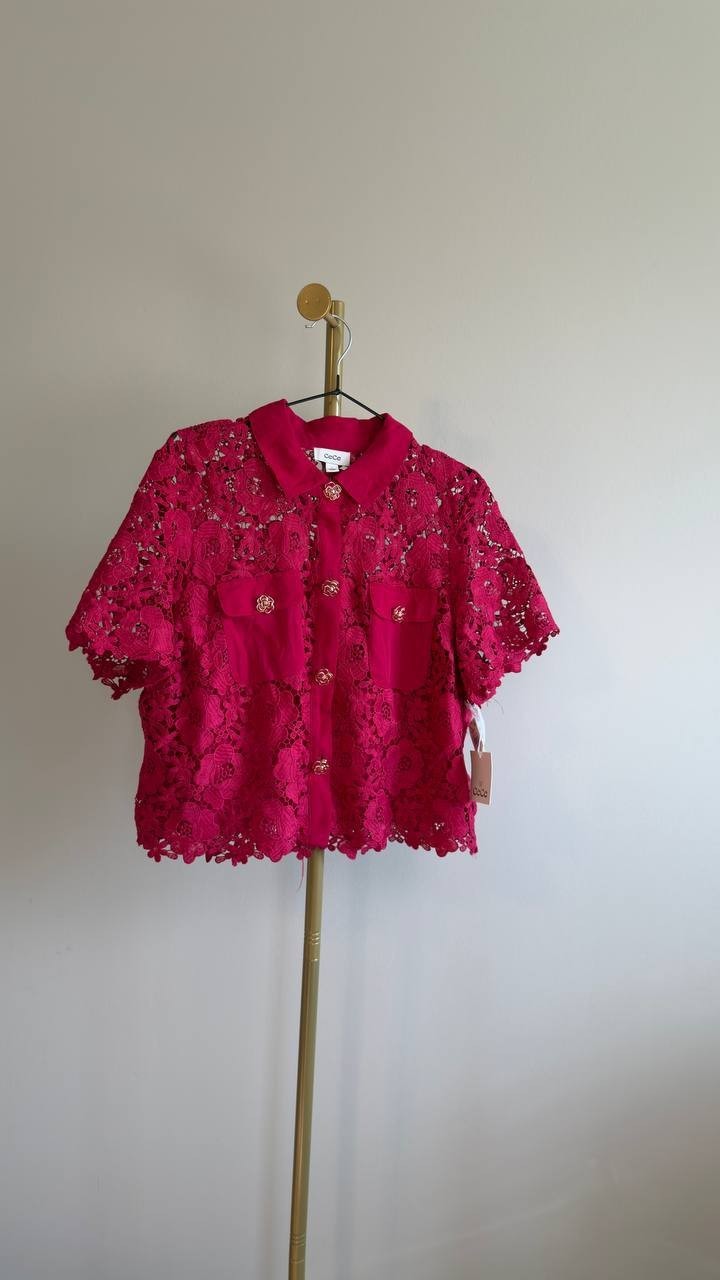 CeCe Lace Short‑Sleeve Button‑Up Top Rose Cherise L NWT $99