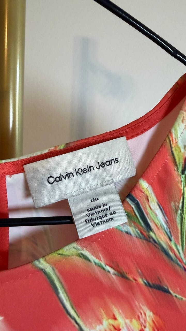 Calvin Klein Cap Sleeve Printed Satin Midi Dress Red Multi L NWT $149
