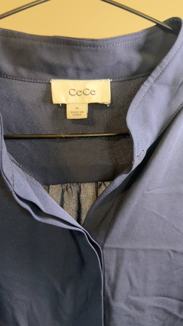 CeCe 3/4‑Sleeve Collared Split‑Neck Button‑Down Top Classic Navy M NWT $69