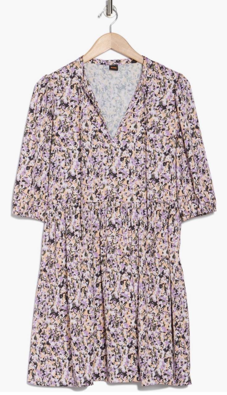 BOSS Cropped-Sleeve Hammered Satin Dress – Size L – NWT – Seasonal Print