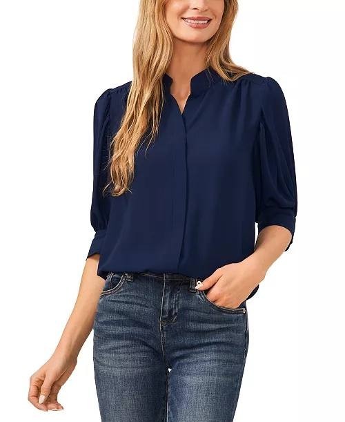 CeCe 3/4‑Sleeve Collared Split‑Neck Button‑Down Top Classic Navy M NWT $69
