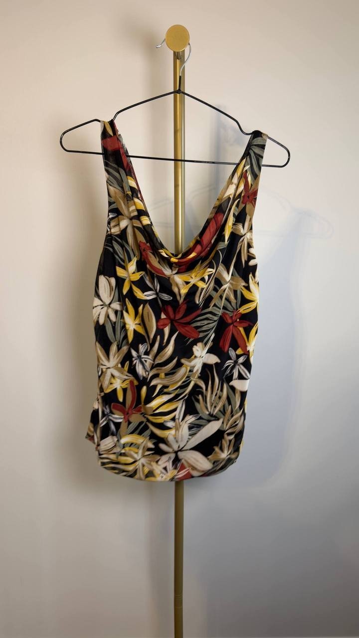 Anne Klein Women’s Printed Ruched Draped‑Neck Mesh Top Floral L NWT $69